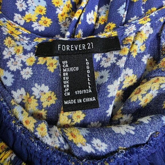 Forever 21 Blue Floral Puff Sleeve Cutout Dress L - Picture 7 of 11